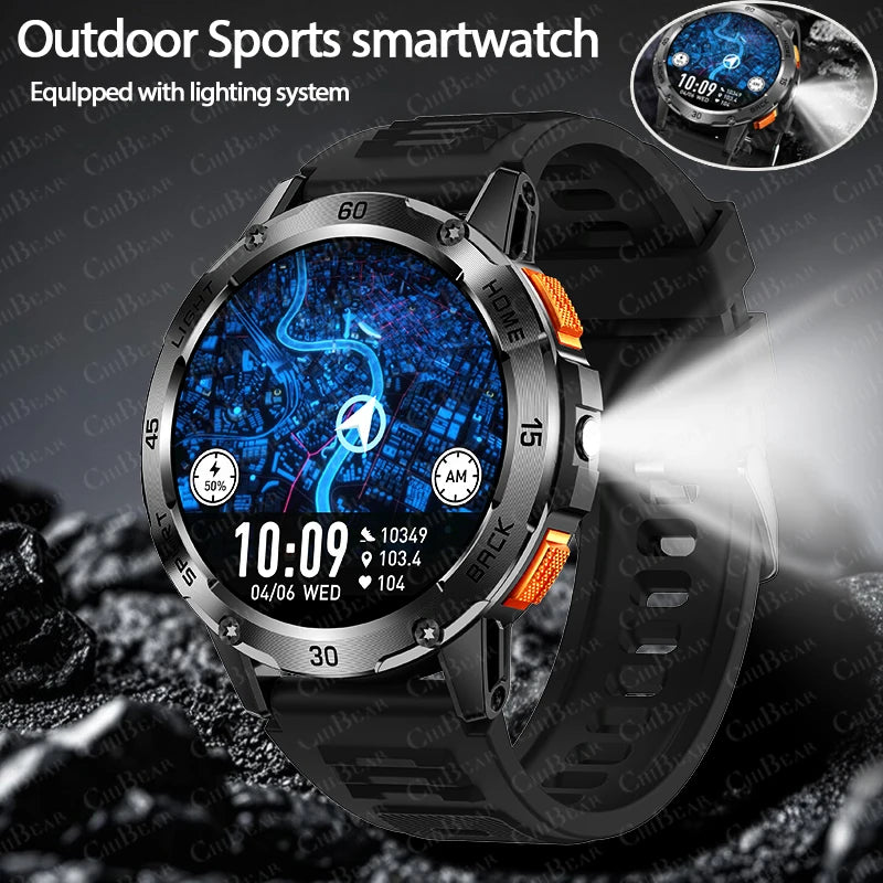 5ATM LED Flashlight Smart Watch Men 100+ Sports Modes Health Monitor Man Watches Bluetooth Call Men Smartwatches for Android Ios