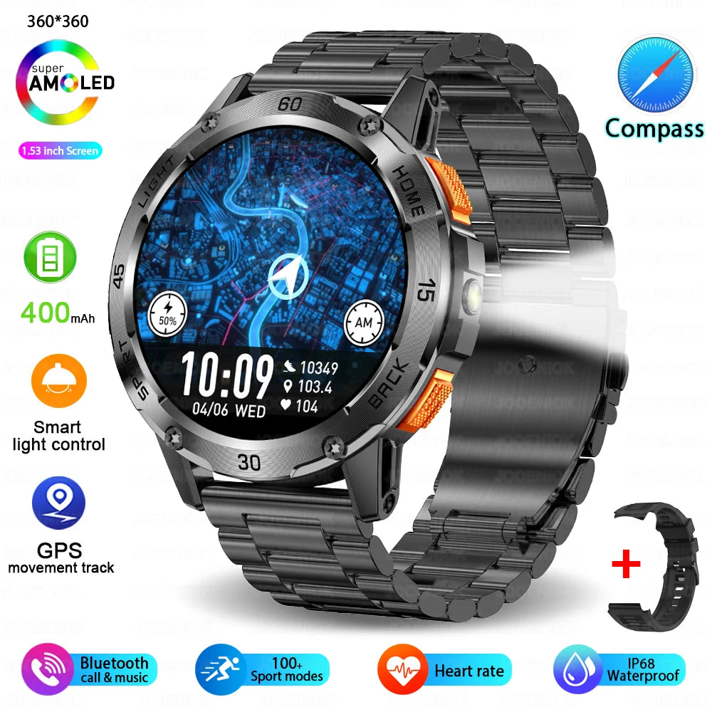 5ATM LED Flashlight Smart Watch Men 100+ Sports Modes Health Monitor Man Watches Bluetooth Call Men Smartwatches for Android Ios