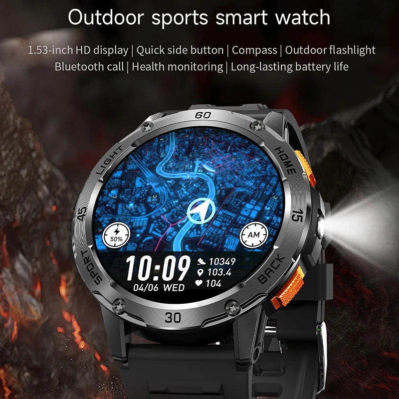 5ATM LED Flashlight Smart Watch Men 100+ Sports Modes Health Monitor Man Watches Bluetooth Call Men Smartwatches for Android Ios