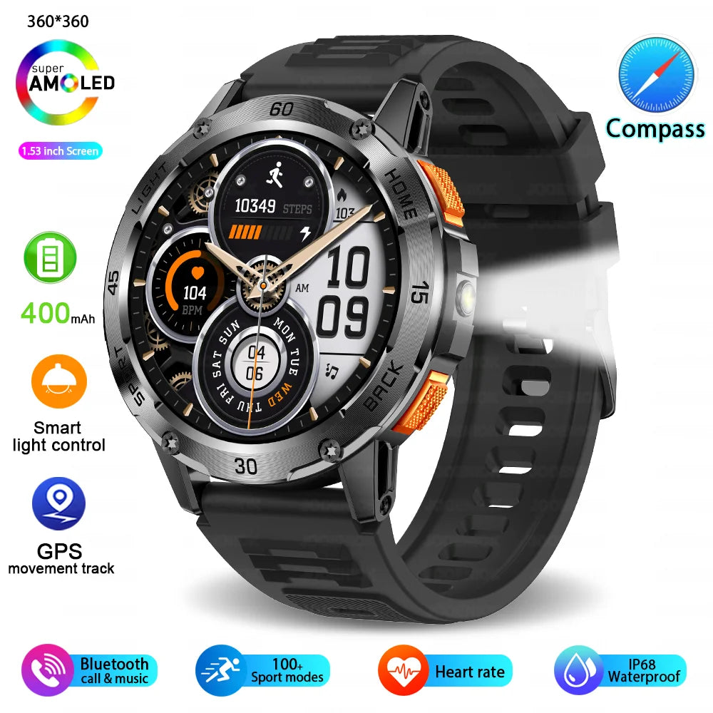 5ATM LED Flashlight Smart Watch Men 100+ Sports Modes Health Monitor Man Watches Bluetooth Call Men Smartwatches for Android Ios