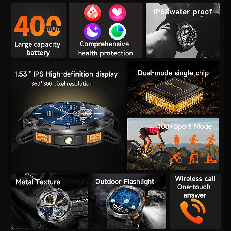 5ATM LED Flashlight Smart Watch Men 100+ Sports Modes Health Monitor Man Watches Bluetooth Call Men Smartwatches for Android Ios