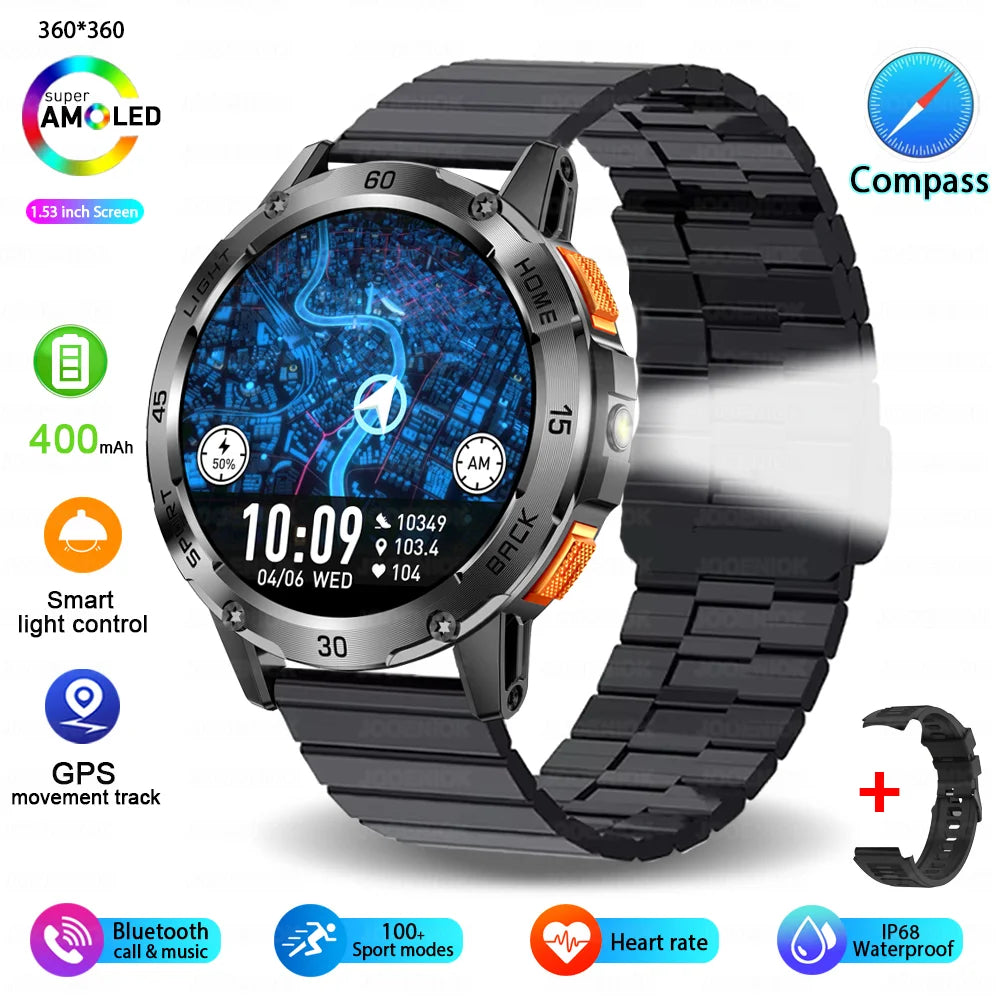 5ATM LED Flashlight Smart Watch Men 100+ Sports Modes Health Monitor Man Watches Bluetooth Call Men Smartwatches for Android Ios