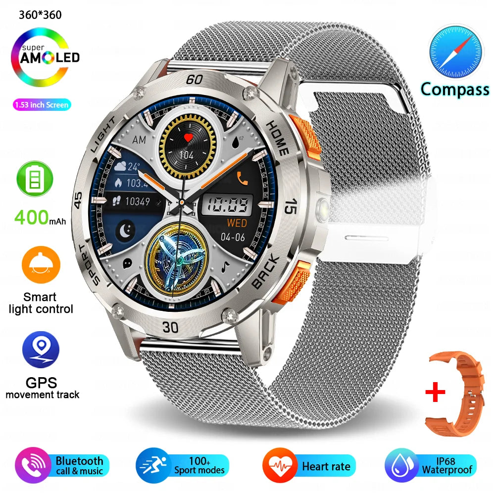 5ATM LED Flashlight Smart Watch Men 100+ Sports Modes Health Monitor Man Watches Bluetooth Call Men Smartwatches for Android Ios
