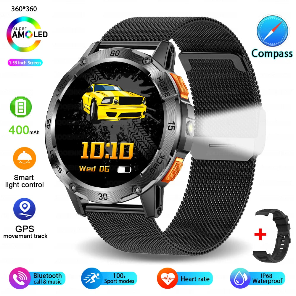 5ATM LED Flashlight Smart Watch Men 100+ Sports Modes Health Monitor Man Watches Bluetooth Call Men Smartwatches for Android Ios