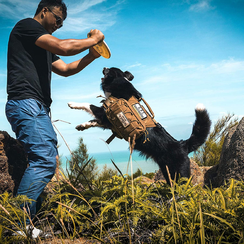 Adventure-Ready Dog Backpack for Medium & Large Dogs - Durable Tactical Nylon Pack with Side Pockets for Hiking, Walking, and Training (Brown)