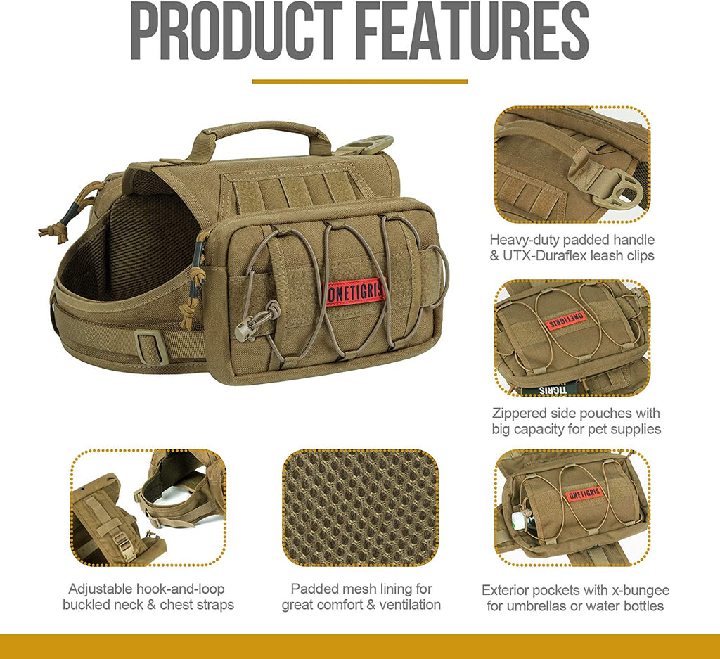 Adventure-Ready Dog Backpack for Medium & Large Dogs - Durable Tactical Nylon Pack with Side Pockets for Hiking, Walking, and Training (Brown)