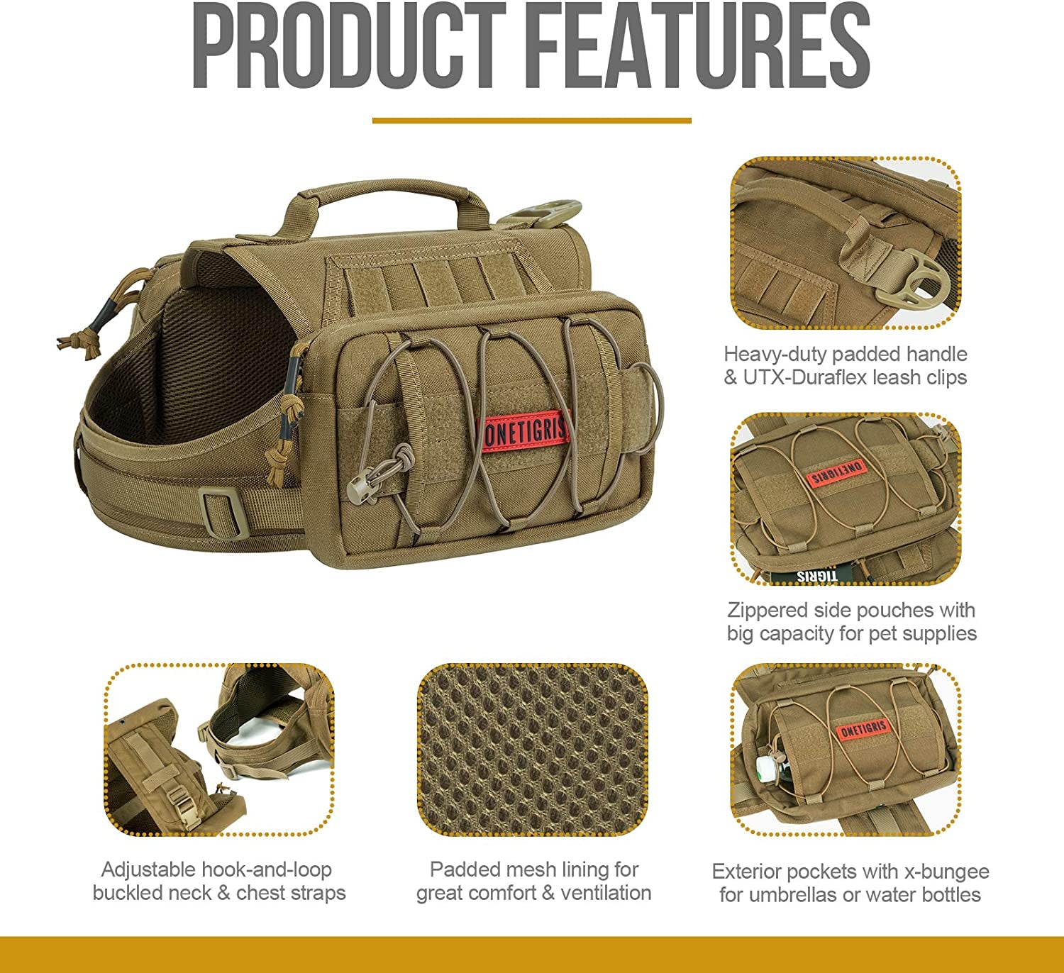 Adventure-Ready Dog Backpack for Medium & Large Dogs - Durable Tactical Nylon Pack with Side Pockets for Hiking, Walking, and Training (Brown)